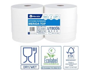 Czyściwo papierowe MERIDA TOP 24, długość 300 m, dwuwarstwowe, BIAŁE, zgrzewka 2 sztuki, ECOLABEL